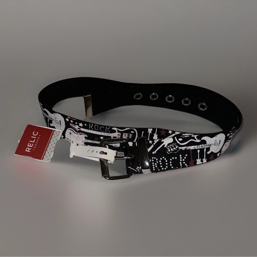 Rock Music Guitar Goth Studded Print Metal Buckle Belt Size L Relic Brand